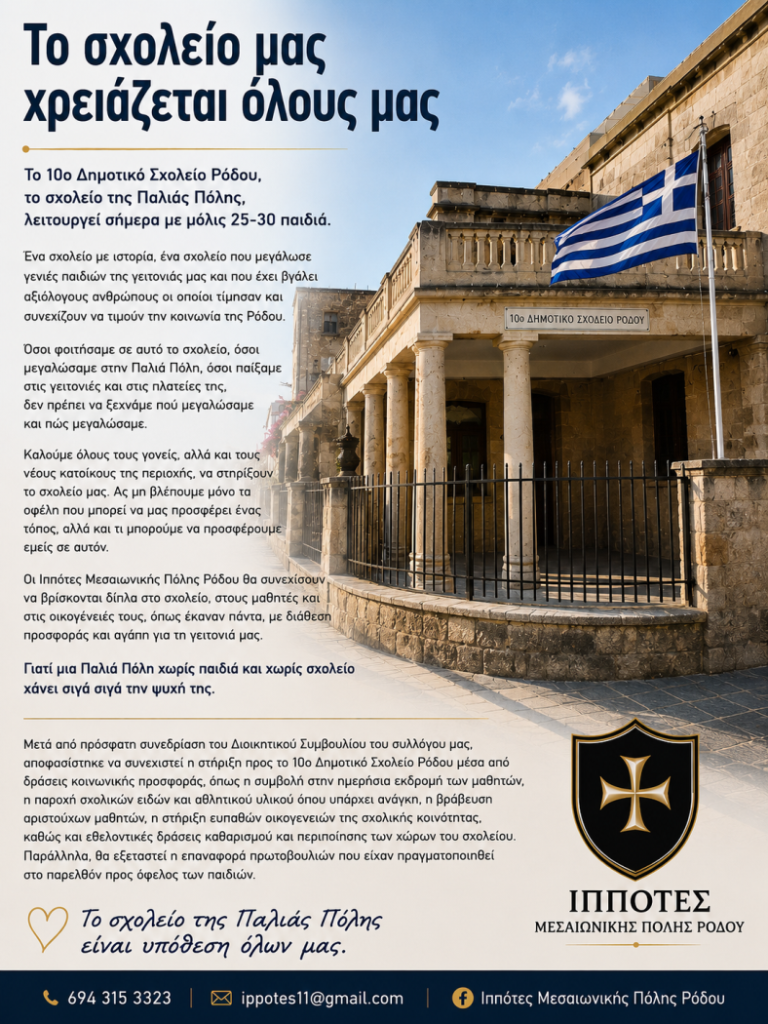 Σημαντική πρωτοβουλία των Ιπποτών για το 10ο Δημοτικό Σχολείο Παλιάς Πόλης